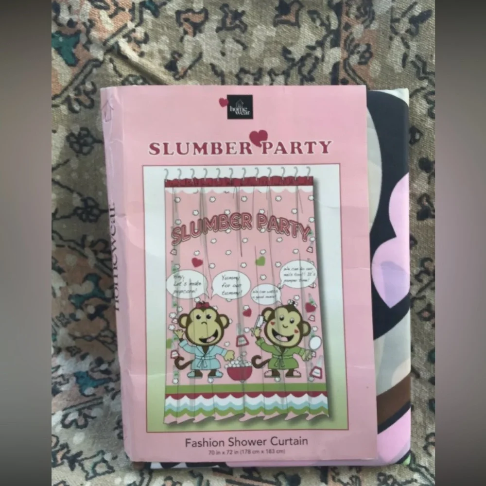 Pink Girls Teens Fabric Shower Curtain Cute Monkeys Slumber Party Girly Bathroom